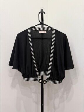 Vicky Vaughn Junior Black Cropped Bolero Cardigan  Striped Trim Hexagonal Clasp